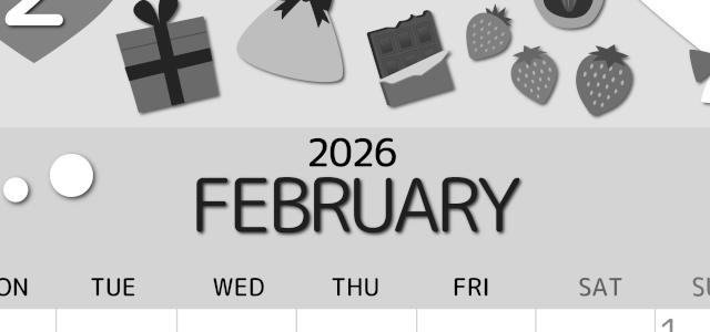 2026年2月縦型モノクロの月曜始まり プレゼントがかわいいイラストA4無料白黒カレンダー(2026-00340211)