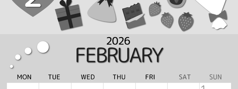 2026年2月縦型モノクロの月曜始まり プレゼントがかわいいイラストA4無料白黒カレンダー(2026-00340211)