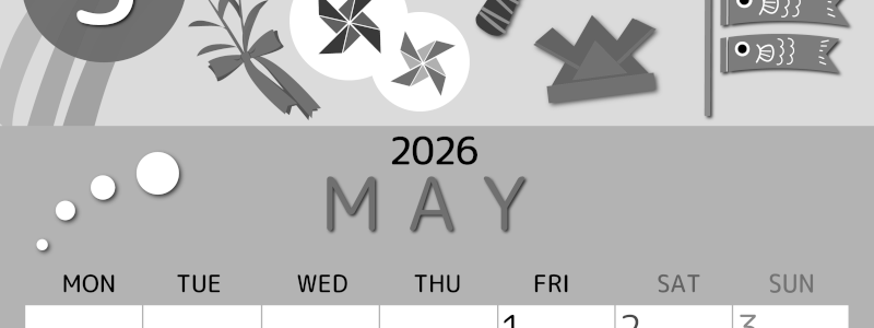 2026年5月縦型モノクロの月曜始まり イベントイラストのかわいいA4無料白黒カレンダー(2026-00340511)