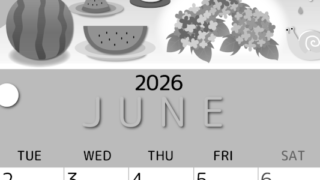 2026年6月縦型モノクロの月曜始まり すいかイラストのかわいいA4無料白黒カレンダー(2026-00340611)