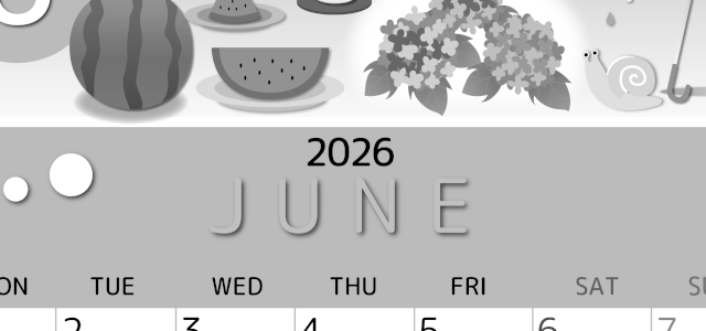 2026年6月縦型モノクロの月曜始まり すいかイラストのかわいいA4無料白黒カレンダー(2026-00340611)