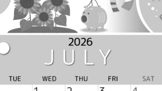 2026年7月縦型モノクロの月曜始まり 蚊取り線香イラストのかわいいA4無料白黒カレンダー(2026-00340711)