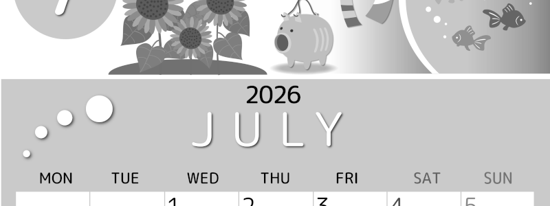 2026年7月縦型モノクロの月曜始まり 蚊取り線香イラストのかわいいA4無料白黒カレンダー(2026-00340711)