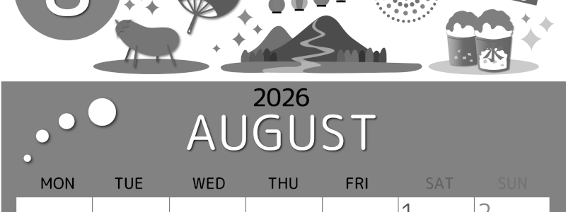 2026年8月縦型モノクロの月曜始まり 夏祭りイラストのかわいいA4無料白黒カレンダー(2026-00340811)