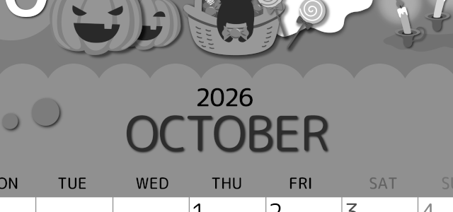 2026年10月縦型モノクロの月曜始まり 行事イラストのかわいいA4無料白黒カレンダー(2026-00341011)
