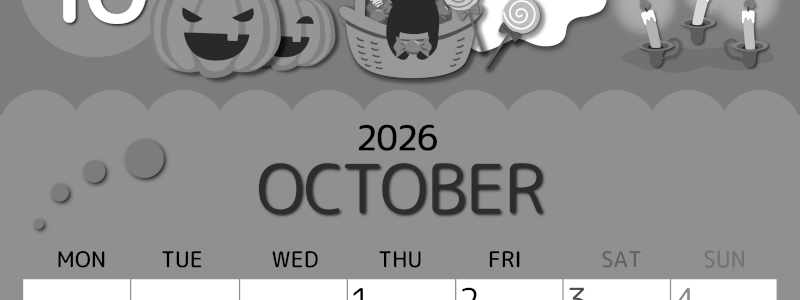 2026年10月縦型モノクロの月曜始まり 行事イラストのかわいいA4無料白黒カレンダー(2026-00341011)
