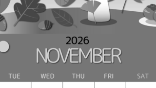 2026年11月縦型モノクロの月曜始まり きのこイラストのかわいいA4無料白黒カレンダー(2026-00341111)