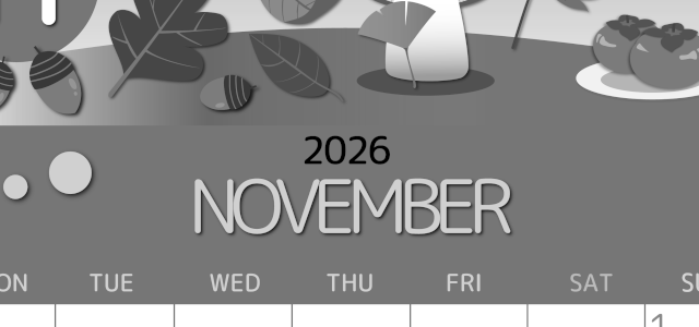 2026年11月縦型モノクロの月曜始まり きのこイラストのかわいいA4無料白黒カレンダー(2026-00341111)
