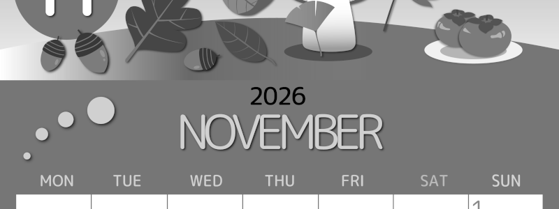 2026年11月縦型モノクロの月曜始まり きのこイラストのかわいいA4無料白黒カレンダー(2026-00341111)