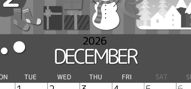 2026年12月縦型モノクロの月曜始まり 雪だるまイラストのかわいいA4無料白黒カレンダー(2026-00341211)