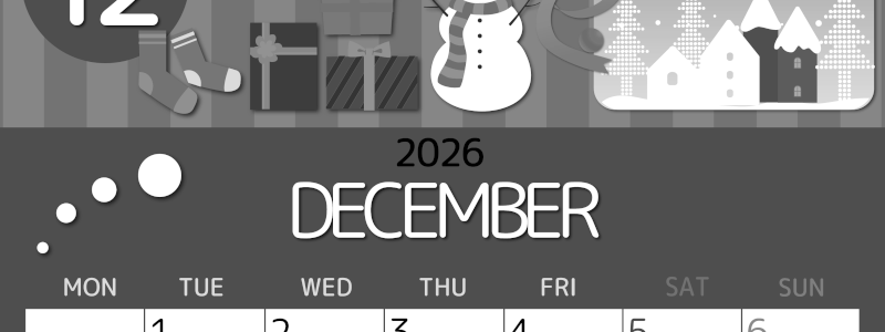 2026年12月縦型モノクロの月曜始まり 雪だるまイラストのかわいいA4無料白黒カレンダー(2026-00341211)