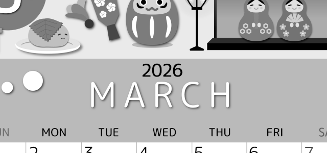 2026年3月縦型モノクロの日曜始まり 桜花弁イラストのかわいいA4無料白黒カレンダー(2026-00340310)