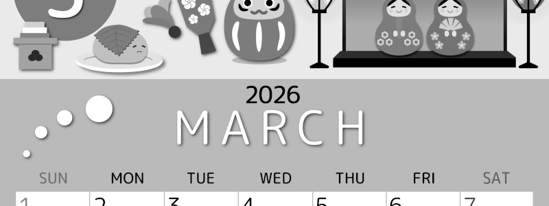 2026年3月縦型モノクロの日曜始まり 桜花弁イラストのかわいいA4無料白黒カレンダー(2026-00340310)