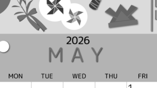 2026年5月縦型モノクロの日曜始まり イベントイラストのかわいいA4無料白黒カレンダー(2026-00340510)