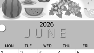 2026年6月縦型モノクロの日曜始まり すいかイラストのかわいいA4無料白黒カレンダー(2026-00340610)