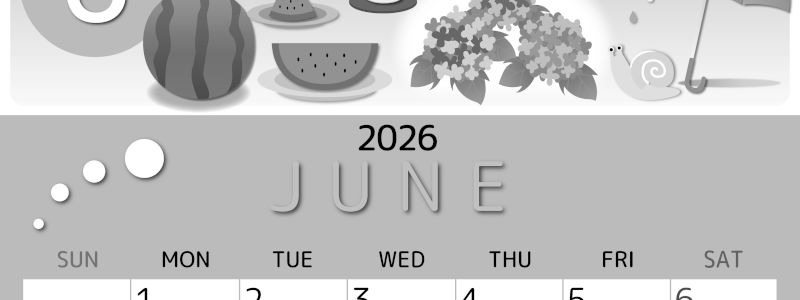 2026年6月縦型モノクロの日曜始まり すいかイラストのかわいいA4無料白黒カレンダー(2026-00340610)