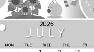 2026年7月縦型モノクロの日曜始まり 蚊取り線香イラストのかわいいA4無料白黒カレンダー(2026-00340710)
