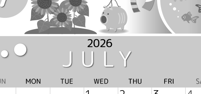 2026年7月縦型モノクロの日曜始まり 蚊取り線香イラストのかわいいA4無料白黒カレンダー(2026-00340710)