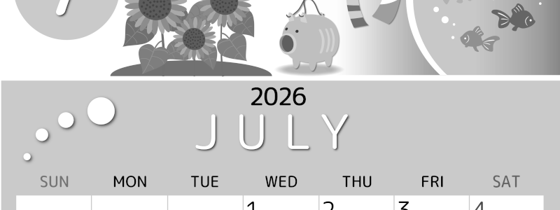 2026年7月縦型モノクロの日曜始まり 蚊取り線香イラストのかわいいA4無料白黒カレンダー(2026-00340710)
