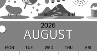 2026年8月縦型モノクロの日曜始まり 夏祭りイラストのかわいいA4無料白黒カレンダー(2026-00340810)