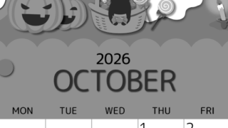 2026年10月縦型モノクロの日曜始まり 行事イラストのかわいいA4無料白黒カレンダー(2026-00341010)