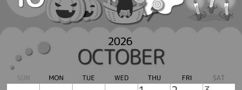 2026年10月縦型モノクロの日曜始まり 行事イラストのかわいいA4無料白黒カレンダー(2026-00341010)