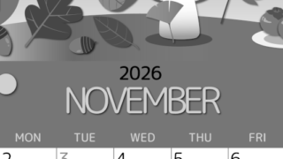 2026年11月縦型モノクロの日曜始まり きのこイラストのかわいいA4無料白黒カレンダー(2026-00341110)