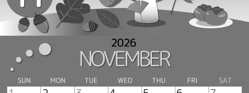 2026年11月縦型モノクロの日曜始まり きのこイラストのかわいいA4無料白黒カレンダー(2026-00341110)