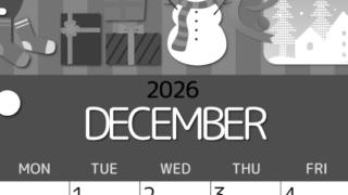2026年12月縦型モノクロの日曜始まり 雪だるまイラストのかわいいA4無料白黒カレンダー(2026-00341210)