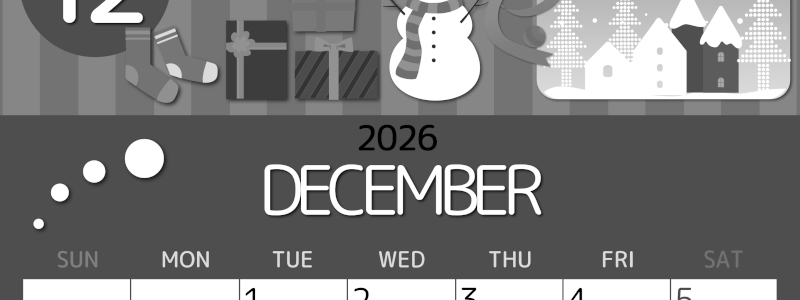 2026年12月縦型モノクロの日曜始まり 雪だるまイラストのかわいいA4無料白黒カレンダー(2026-00341210)
