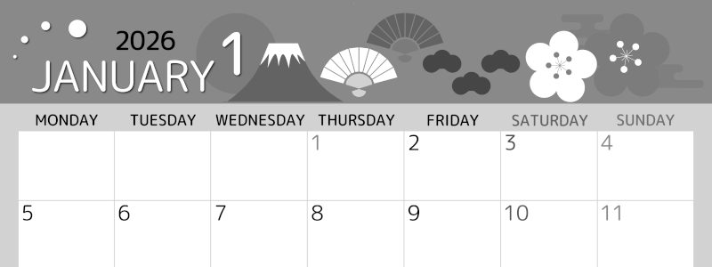 2026年1月横型モノクロの月曜始まり 和風な元旦イラストのかわいいA4無料白黒カレンダー(2026-00340101)