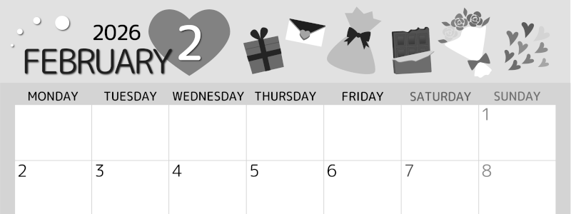 2026年2月横型モノクロの月曜始まり プレゼントがかわいいイラストA4無料白黒カレンダー(2026-00340201)