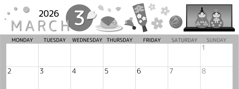 2026年3月横型モノクロの月曜始まり 桜花弁イラストのかわいいA4無料白黒カレンダー(2026-00340301)