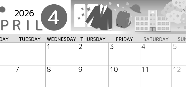 2026年4月横型モノクロの月曜始まり 入学式イラストのかわいいA4無料白黒カレンダー(2026-00340401)