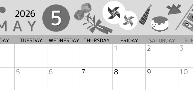 2026年5月横型モノクロの月曜始まり イベントイラストのかわいいA4無料白黒カレンダー(2026-00340501)