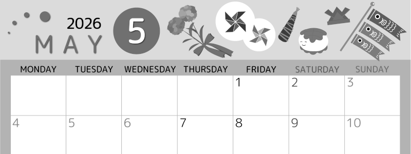 2026年5月横型モノクロの月曜始まり イベントイラストのかわいいA4無料白黒カレンダー(2026-00340501)