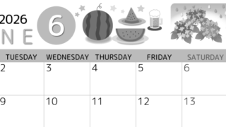 2026年6月横型モノクロの月曜始まり すいかイラストのかわいいA4無料白黒カレンダー(2026-00340601)