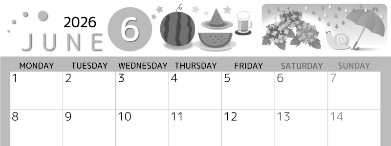 2026年6月横型モノクロの月曜始まり すいかイラストのかわいいA4無料白黒カレンダー(2026-00340601)