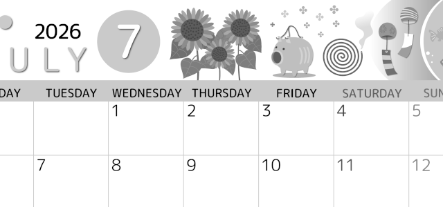 2026年7月横型モノクロの月曜始まり 蚊取り線香イラストのかわいいA4無料白黒カレンダー(2026-00340701)