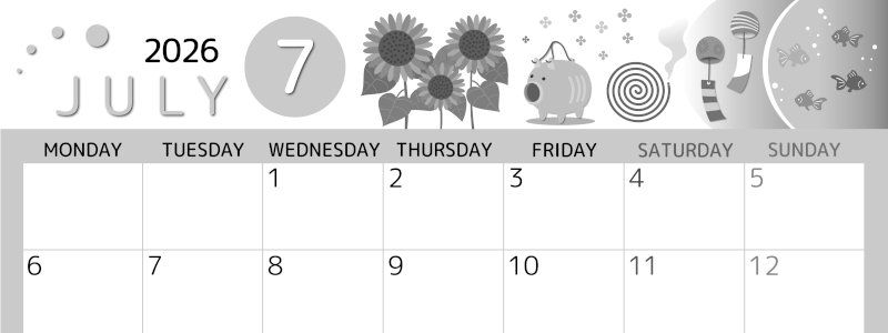 2026年7月横型モノクロの月曜始まり 蚊取り線香イラストのかわいいA4無料白黒カレンダー(2026-00340701)