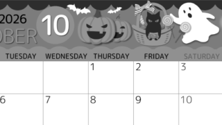 2026年10月横型モノクロの月曜始まり 行事イラストのかわいいA4無料白黒カレンダー(2026-00341001)