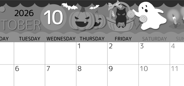 2026年10月横型モノクロの月曜始まり 行事イラストのかわいいA4無料白黒カレンダー(2026-00341001)