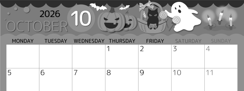 2026年10月横型モノクロの月曜始まり 行事イラストのかわいいA4無料白黒カレンダー(2026-00341001)