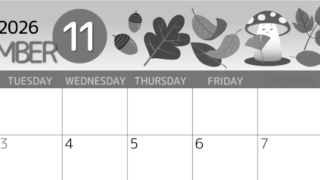 2026年11月横型モノクロの月曜始まり きのこイラストのかわいいA4無料白黒カレンダー(2026-00341101)