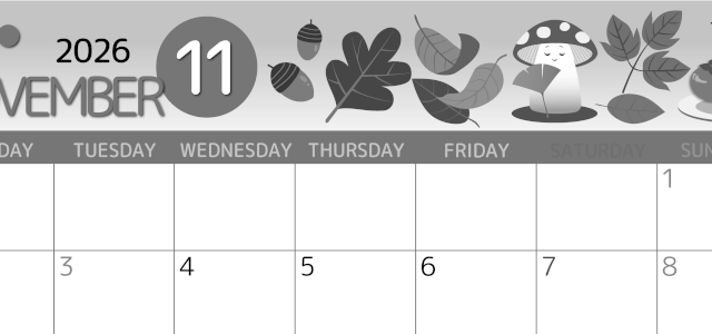 2026年11月横型モノクロの月曜始まり きのこイラストのかわいいA4無料白黒カレンダー(2026-00341101)
