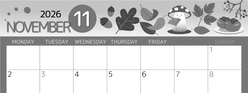 2026年11月横型モノクロの月曜始まり きのこイラストのかわいいA4無料白黒カレンダー(2026-00341101)