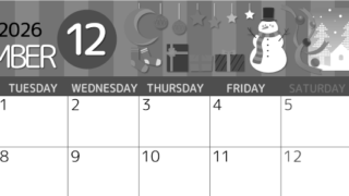 2026年12月横型モノクロの月曜始まり 雪だるまイラストのかわいいA4無料白黒カレンダー(2026-00341201)