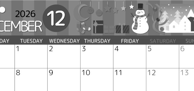 2026年12月横型モノクロの月曜始まり 雪だるまイラストのかわいいA4無料白黒カレンダー(2026-00341201)