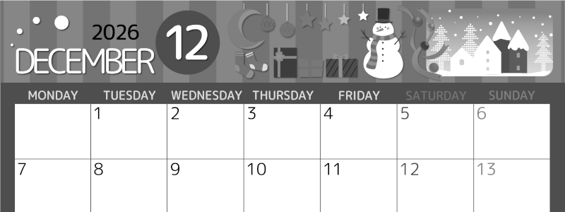 2026年12月横型モノクロの月曜始まり 雪だるまイラストのかわいいA4無料白黒カレンダー(2026-00341201)