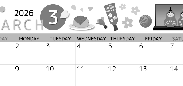 2026年3月横型モノクロの日曜始まり 桜花弁イラストのかわいいA4無料白黒カレンダー(2026-00340300)